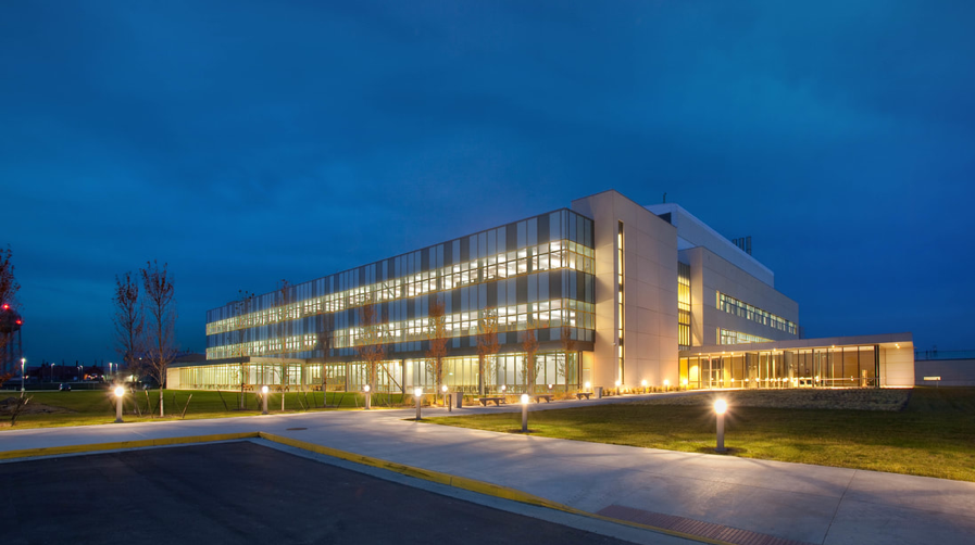 Nighttime view of USDA's NCAH building in Ames, Iowa